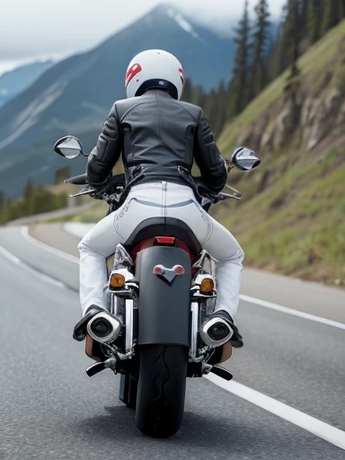 road, mountain, (motion blur:1.4), (motorcycle:1.1), (american cruiser motorcycle:1.3), (white jeans), (red tube top), (gloves), on the mountain, on the road, (full body shot:1.1), from behind, ground-level shot
