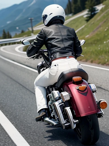 road, mountain, (motion blur:1.4), (motorcycle:1.1), (american cruiser motorcycle:1.3), (white jeans), (red tube top), (gloves), on the mountain, on the road, (full body shot:1.1), from behind, ground-level shot
