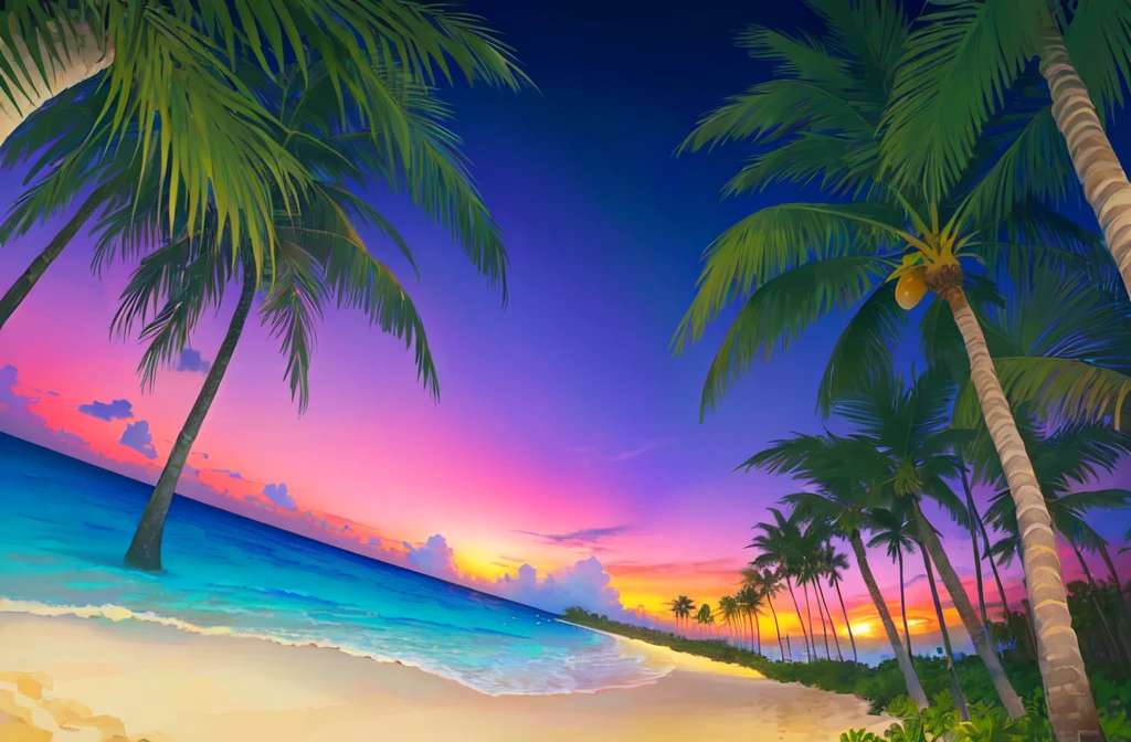 Palm trees and beach、Tropical Beach, an abstract tropical landscape, Tropical atmosphere, Beach Sunset, Background artwork, Sunset background