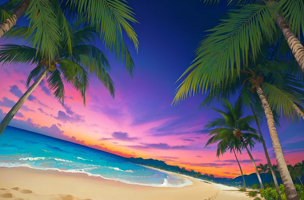 Palm trees and beach、Tropical Beach, an abstract tropical landscape,  Tropical atmosphere, Beach Sunset, Background artwork, Sunset background