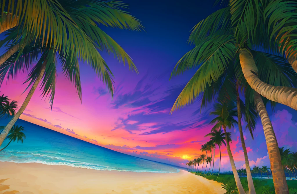 Palm trees and beach、Tropical Beach, an abstract tropical landscape, Tropical atmosphere, Beach Sunset, Background artwork, Sunset background