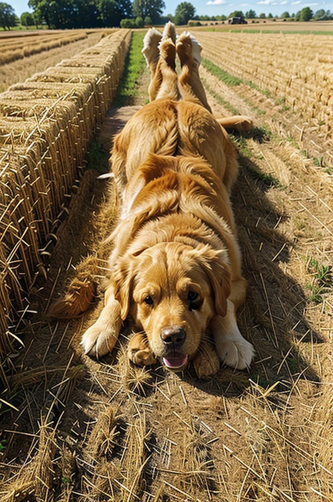 A golden retriever dog lying on its side and looking at the camera in a cornfield. The dog is next to hay bales that are about the same size as the dog. The scene is set on a sunny day with the golden corn stalks and blue sky in the background.