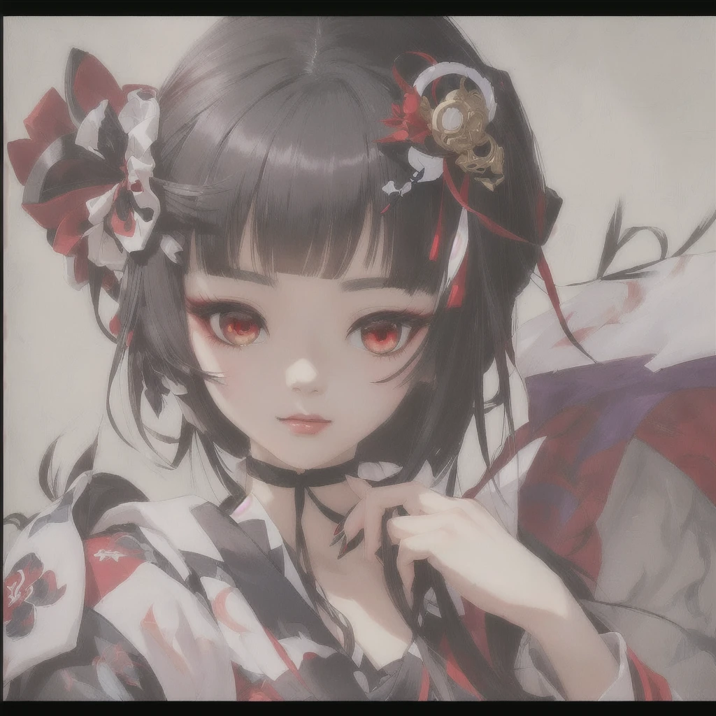 Anime girl with red eyes and black hair and ribbon, Gwaiz, artwork in the style of Gwaiz, Gwaiz on pixiv artstation, Gwaiz on artstation pixiv, onmyoji portrait, shikishi, Gwaiz masterpiece, onmyoji, Created by Anime Painter Studio