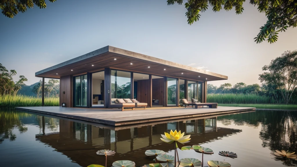 Modern small house located in lotus pond in Vietnam, minimalist, gray and wooden concrete walls, facing the lotus pond, many lotus flowers blooming, lotus flowers blooming, erflies flying, corona rendering, 3ds max, wide view, sunny sky, afternoon environment, sunny movie, Natural light,RAW photo, 8k uhd, dslr, soft lighting, high quality, film grain, Fujifilm XT3