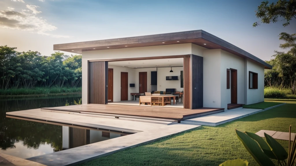 Modern small house located in lotus pond in Vietnam, minimalist, gray and wooden concrete walls, facing the lotus pond, many lotus flowers blooming, lotus flowers blooming, butterflies flying, corona rendering, 3ds max, wide view, sunny sky, afternoon environment, sunny movie,  Natural light,RAW photo, 8k uhd, dslr, soft lighting, high quality, film grain, Fujifilm XT3