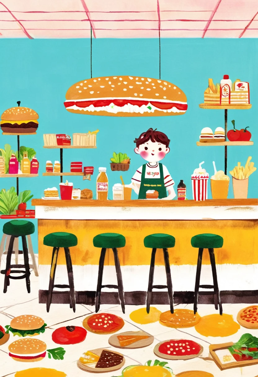 Detailed burger shop、Fast food restaurant interior、counter、cash register、stool、table、Chair、Bright lighting、Food display case、Menu Board、Employees in uniform、Customers eating、Fresh ingredients、Delicious food、Warm atmosphere、Cozy and attractive、(Highest quality、8K、High resolution、masterpiece:1.2)、Super detailed、(Real、Photorealistic、Photorealistic:1.37)、Intricate details、Bright colors、3D Rendering、Concept Art、J_drawing、Children's Illustration Style