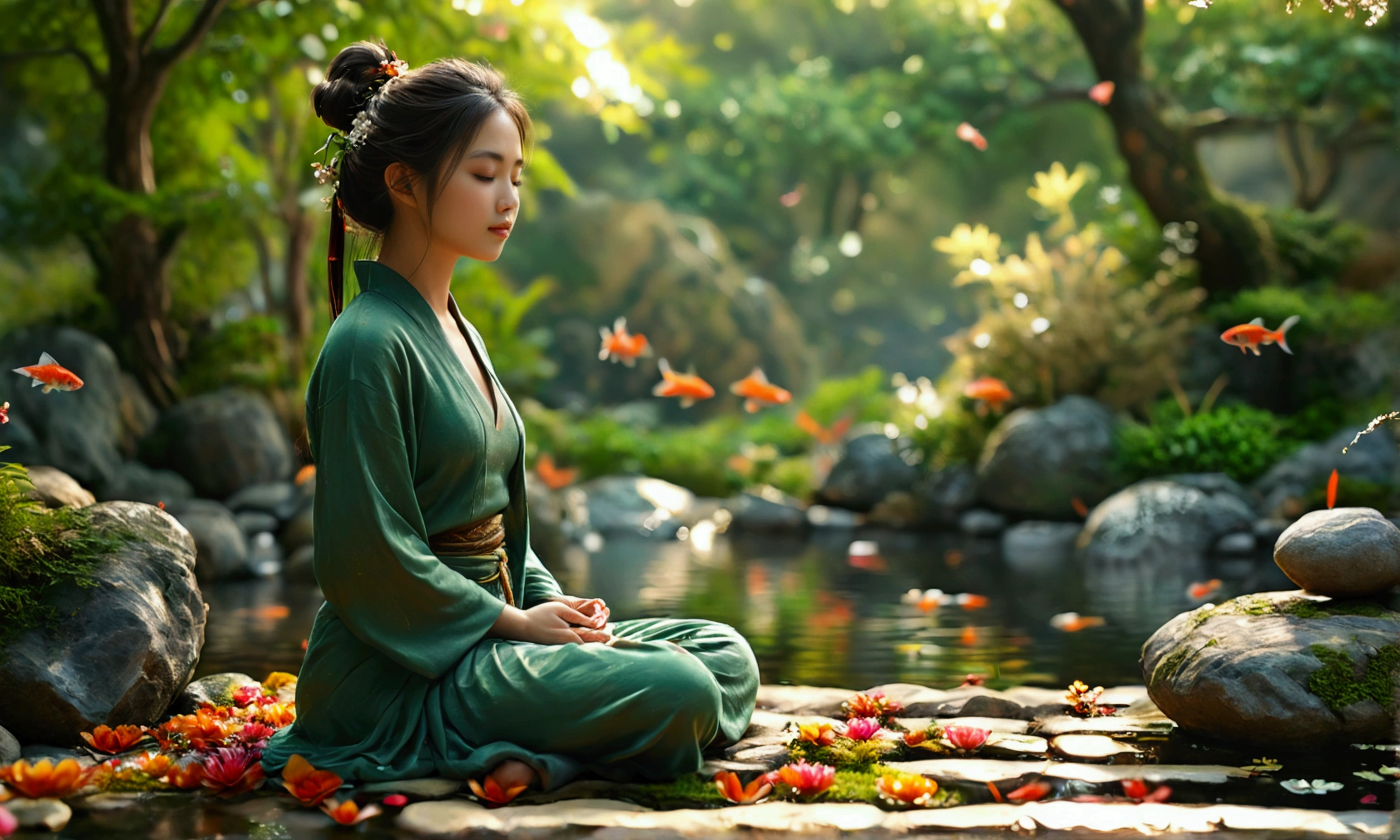 (Highest quality,4K,High resolution,masterpiece:1.2),Super detailed,(Realistic,photoRealistic,photo-Realistic:1.37),Person meditating in a zen garden,Peaceful and calm atmosphere,Lush, beautifully landscaped gardens,wood々Golden sunlight shining between,Natural elements such as rocks and bodies of water,A tranquil pond filled with colorful koi carp,,Petals floating gently in the sky,The gentle sound of wind chimes in the background,Harmony between nature and the human spirit,Calm expression on a person's face,Deep meditation posture,Close your eyes and place your hands on your lap,A sense of inner peace and serenity,、Charming and relaxed atmosphere,Zen Minimalist Art,Green color palette,Overall a warm and relaxed atmosphere,Gentle natural light creating soft shadows.