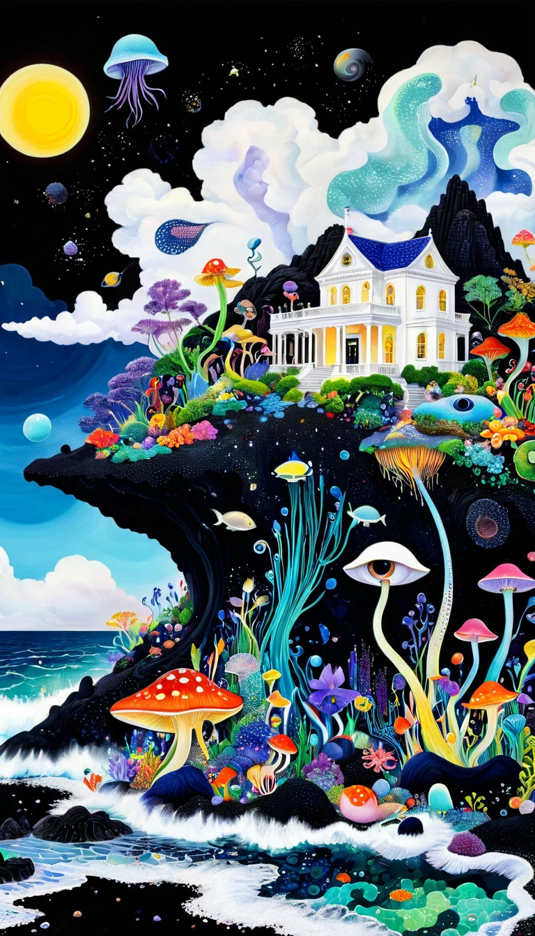 Three-dimensional painting。White house on black rocks on black beach,Artists from the stars,Colorful black,A world of color,Dopamine,mouth,A cloud、snails、iris、fish、Tentacles、bird、Eye、diatom,Abstract mosaic painting,Describing the inner world of autistic people,Sense of space,White Space,interesting,Innocence,Psychedelic Art,Black overall