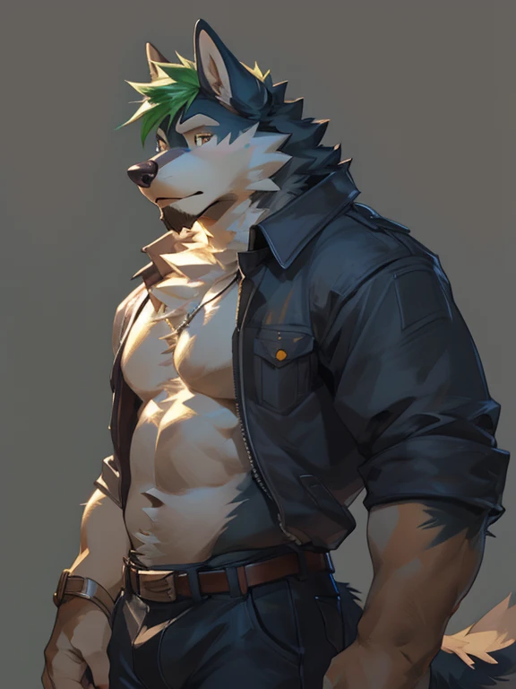 Solo, male, Husky Wolf, with black and cream-colored fur, with short bluish-green hair, With a beard of a bluish green tone, bluish-green chest fur, amber eyes, with long ears, shirtless, in jeans, chest, big chest view, ((focus body, furry focus, focus shadows, body shadows)) (((gray background, gray wallpaper), one color))), by darkgem, by mystikfox61, by glitter trap boy