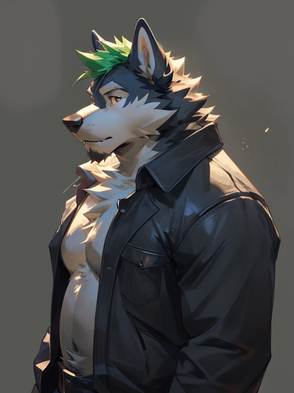 Solo, male, Husky Wolf, with black and cream-colored fur, with short bluish-green hair, with bluish-green whiskered beard, bluish-green chest fur, amber eyes, with long ears, shirtless, in jeans, chest, big chest view, ((focus body, furry focus, focus shadows, body shadows)) (((gray background, gray wallpaper), one color))), by darkgem, by mystikfox61, by glitter trap boy