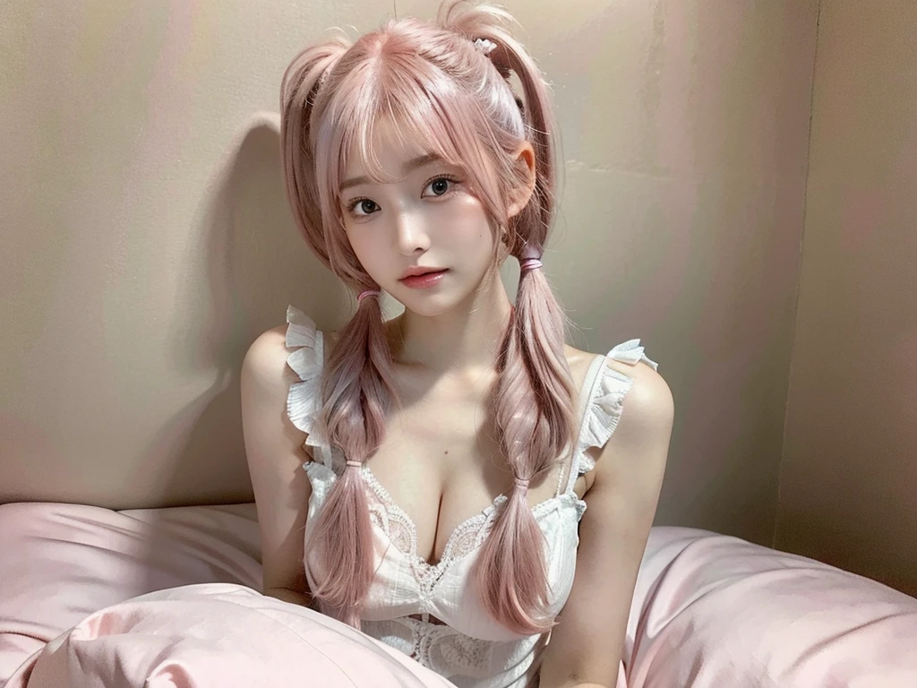 Shot with a top-of-the-line camera. highest quality, ultra-detailed, intricately detailed, high resolution, 8k, (very large breasts:1.3), (pink hair in twintails:1.3), Wearing white lingerie, she is sitting on a bed in a dark room at night, A youthful look of about 15 years old. Slim and well-proportioned, fair skin, her cleavage is visible,