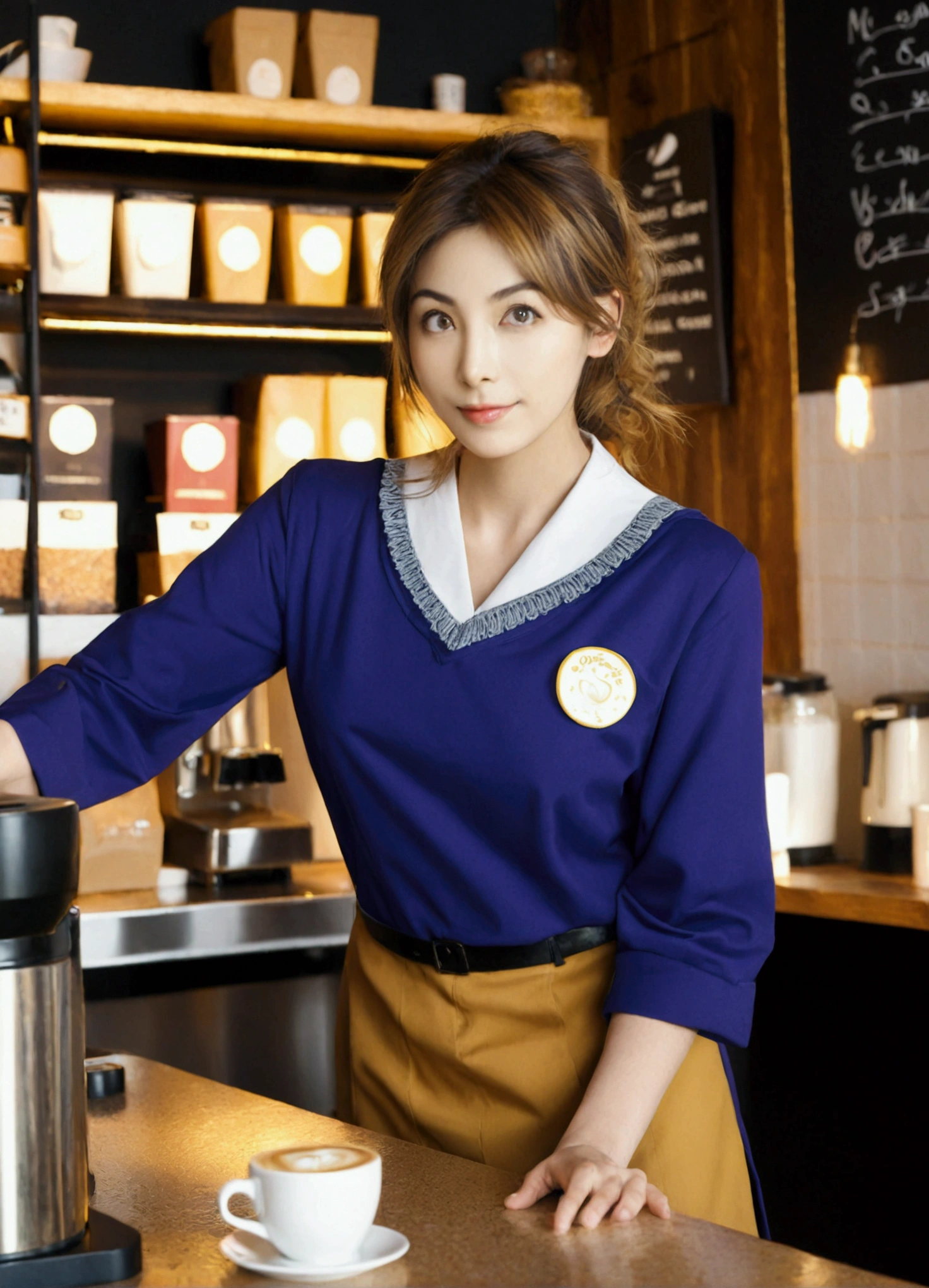 Adding details，high resolution，Upper Body，Front view，black hair，short hair，Straight Hair，Black sports cap，Smile，Cafe，Coffee in hand，headlight，Ambient Light，Low saturation，Dark apron，Minimalist environment， black eyes，Holding a coffee cup,