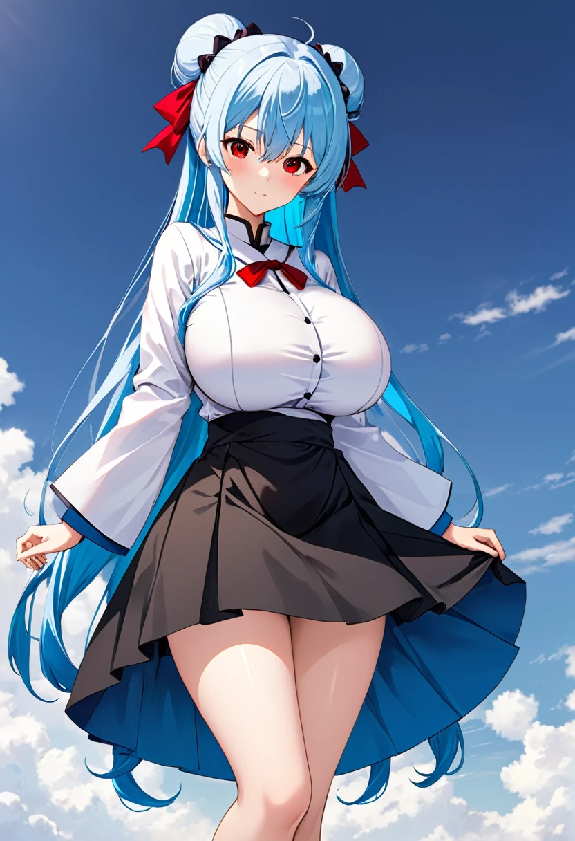My name is Yukiko.I am a white test woman with long Sky blue hair,red eye color.I am 1.62 cm tall . Dressed in a short scientific gown and a black skirt with her hair up. With huge breasts measure 200 cm, waist 40 cm and my hips 200 cm