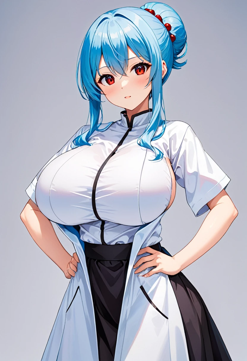 My name is Yukiko.I am a white test woman with long Sky blue hair,red eye color.I am 1.62 cm tall . Dressed in a short scientific gown and a black skirt with her hair up. With huge breasts measure 200 cm, waist 40 cm and my hips 200 cm