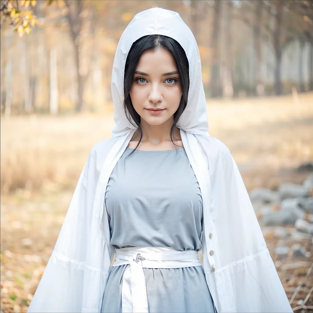 35-year-old woman, light blue eyes, long black hair, serene face with a slight smile, wearing a gray tunic with wide, long sleeves adjusted at the waist with a white sash.