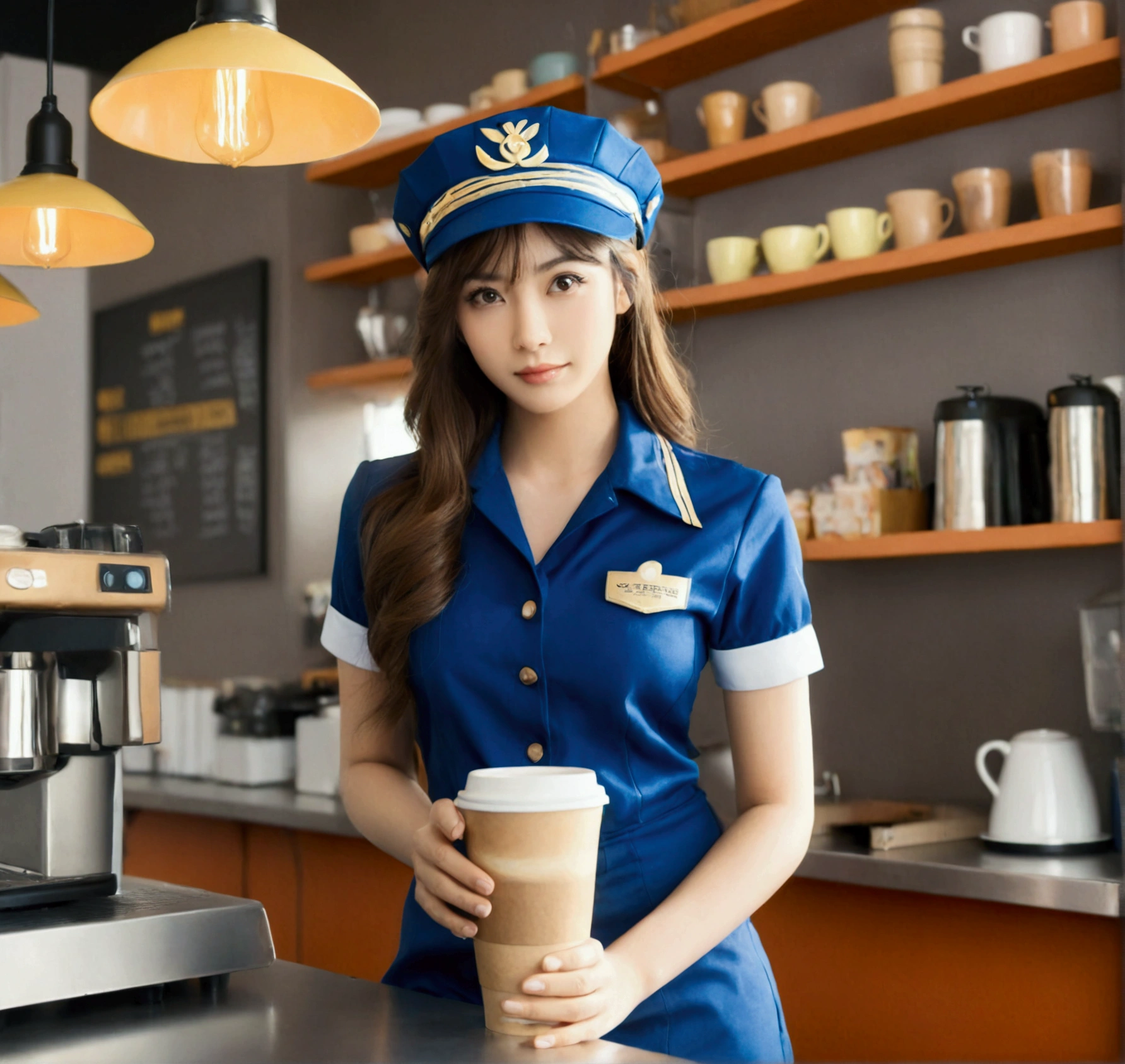 masterpiece, (photorealistic:1.4), best quality, beautiful lighting, looking at viewer,1girl, A girl makes coffee in a cafe, wearing worker uniform, intricate, High Detail, Sharp focus, dramatic,beautiful woman, golden details , 8k uhd, film grain