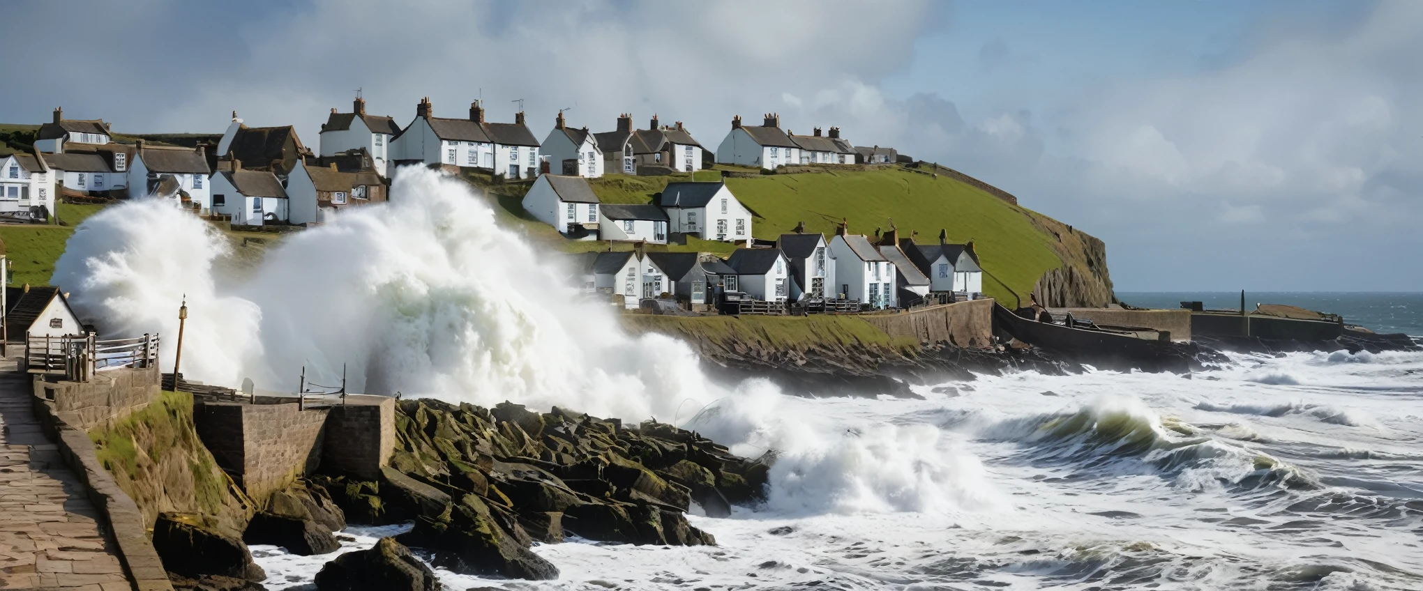 A beautiful old English fishing village with giant waves crashing over the sea wall