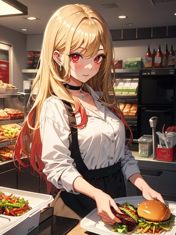 Fast food clerk, Fast Food Worker, Kitagawa Marine, 1girl, blonde hair, long hair, multicolored hair, red eyes, jewelry, earrings, piercing, black choker, uhd, retina, masterpiece, ccurate, anatomically correct, textured skin, super detail, high details, high quality, best quality, highres, 4K