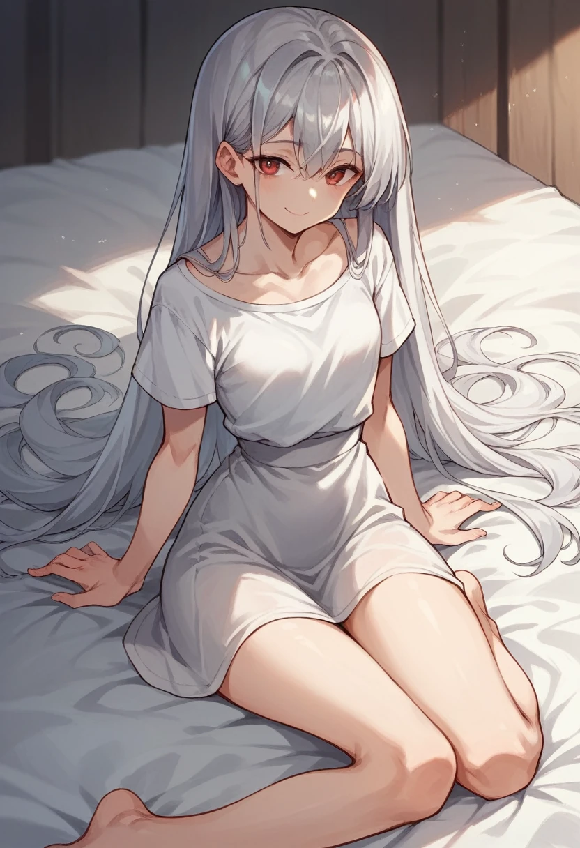 Girl sitting on bed（The girl has silver hair that is longer than her shoulders　Wearing a white shirt　White skin　tall　With bangs　Beautiful face　Thin legs　Small waist, slightly large chest　Smiling　Silver Hair　Anime style long hair）