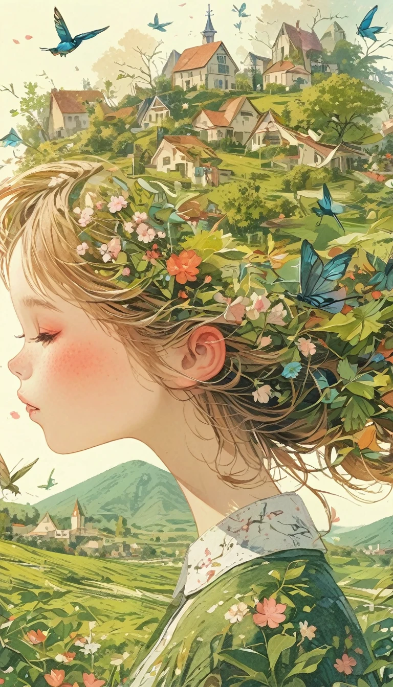 Leaf hair girl、Photographed from the front、Masterpiece、Highest quality、Look Up、Cherry blossom petals、Lots of butterflies々Fluttering、church、windmill
