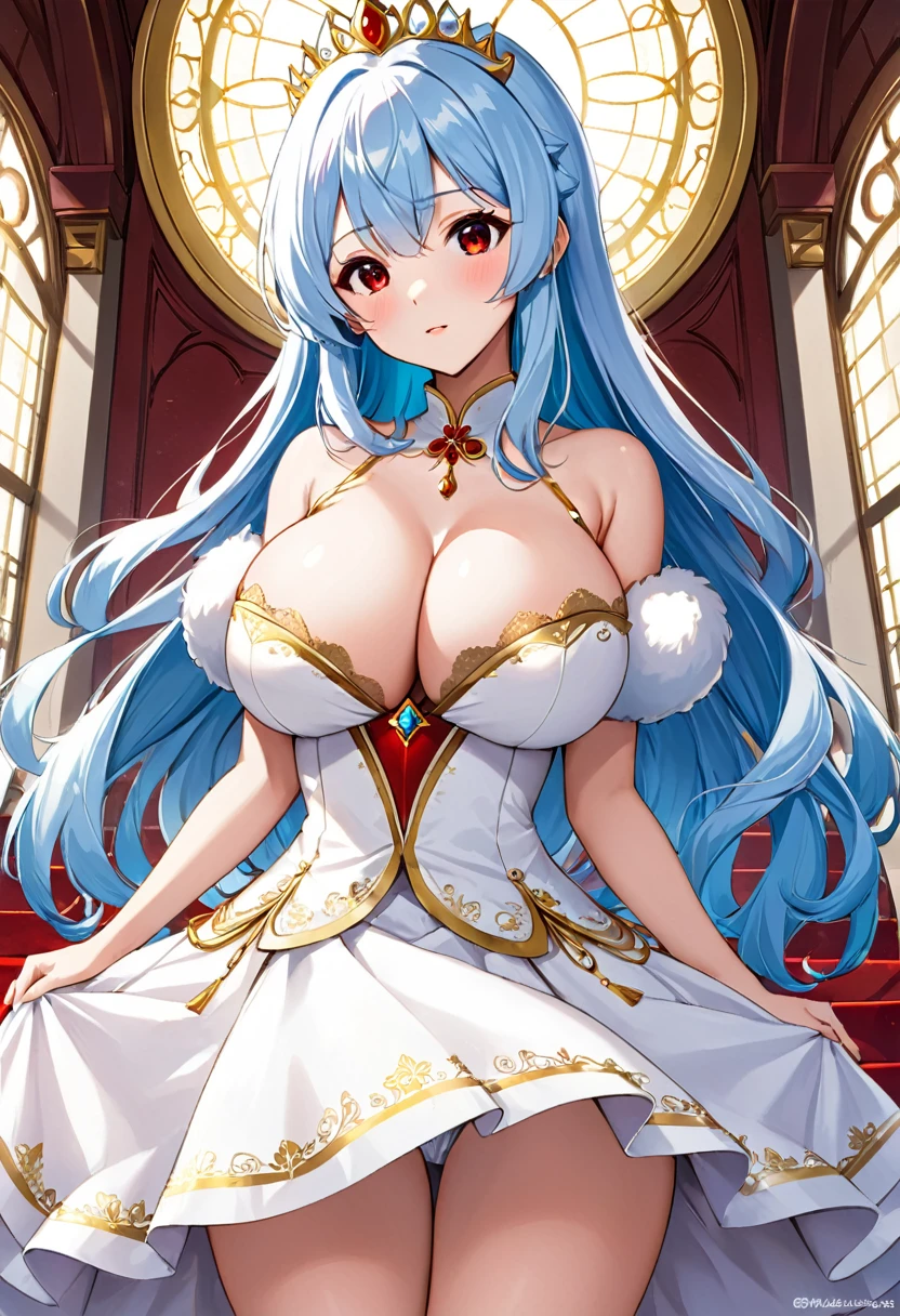 My name is Yukiko.I am a white test woman with long Sky blue hair,red eye color.I am 1.62 cm tall . Dressed in a low-cut gold and white princess dress with a fluffy skirt. With huge breasts measure 200 cm, waist 40 cm and my hips 200 cm