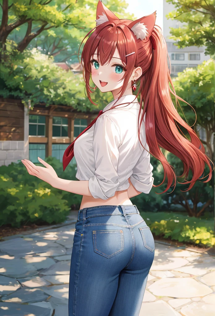 1 beautiful girl posing for photo, anime girl, dynamic poses, (20 year old girl:1.3), (aged up), city, garden, flowering trees, jeans, white tied shirt, shows her back, big rounds breadsts, midriff, (lace bra:0.8), jewelry, dark brown hair, bangs, long hair, 1 ponytail, wavy hair, expressive hair, shiny hair, hairclip, red hair ribbon, cat hair ornament, wince, aqua eyes, glowing eyes, earrings, cat ears, kemonomimi mode, smile, open mouth, glossy lips, blush, tongue, bright pupils, happy, upper teeth, detailed face, perfect body, high detail, anime, Three-quarter view, from behind, dithering, image fill, anime CG style, outside border, border, first-person view, panorama, perspective, good lighting, Wide-Angle, f/1.8, 85mm, Sony FE GM, 8k, super detail, highres, UHD, retina, masterpiece, accurate, anatomically correct, best quality