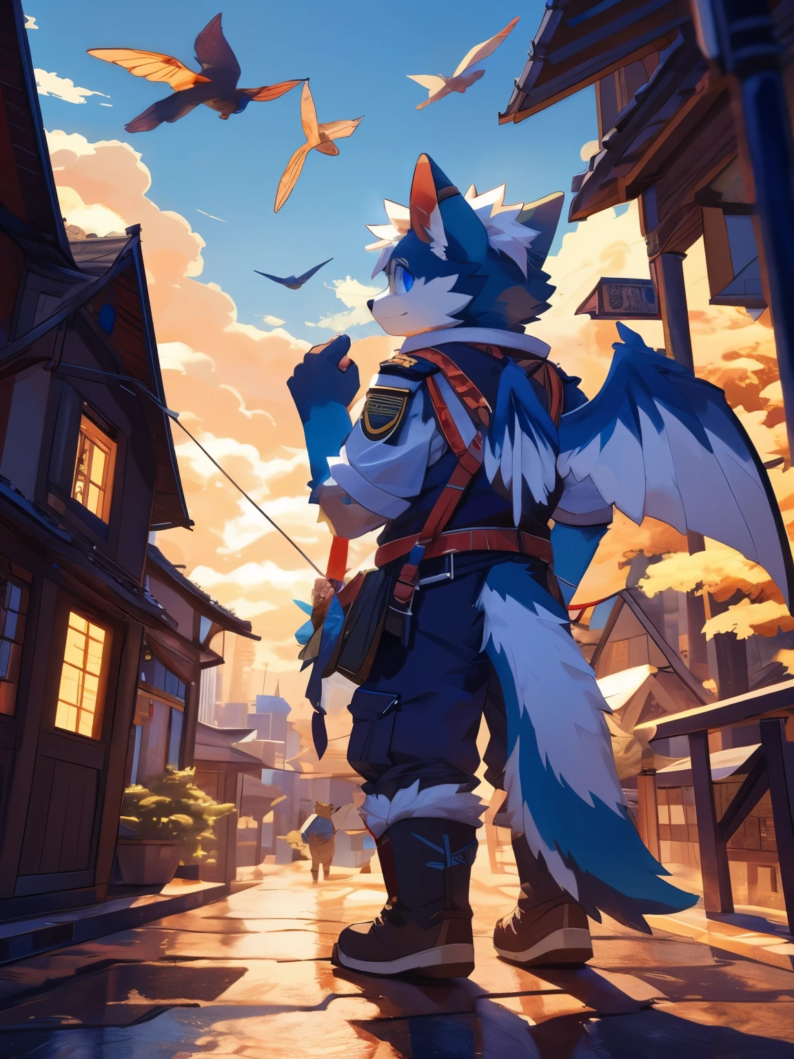 nj5furry,kemono,full-length portrait,anthro,hi res,juvenile,male,Explorer,Mao Long,Fluffy hair,There are wings on the back,White plush paw,blue eyes,Delicate eyes,Detailed eyes,Extremely high detail,8K HD characters,Cities on the clouds