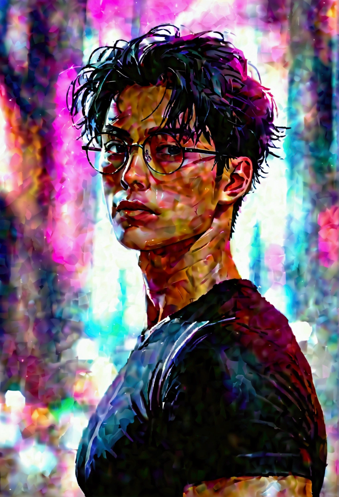Handsome man with a tall texture and a body that is moderately muscular and slim, wearing a tight black t-shirt and showing the shape of his muscles, wearing black glasses, like Gojo Satoru but with his hair neatly combed back, charming with a cold gaze