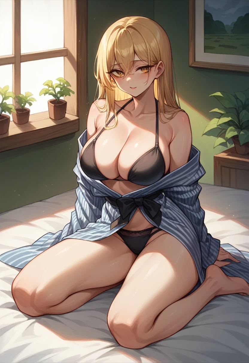 Minecraft Enderman Girl Golden silky straight hair Wearing a beautiful yukata and black underwear Very large breasts The cleavage is visible beautiful Older sister type Tall slender Minecraft World Sitting on the bed Dark blonde Black painted room Anime Style
