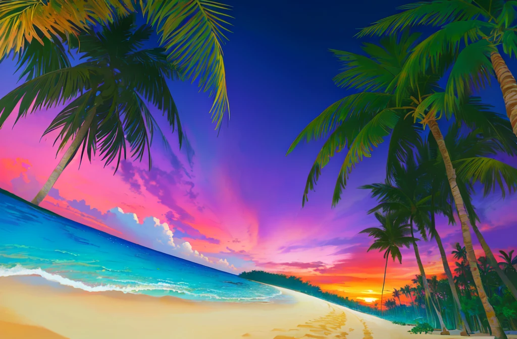 Palm trees and beach、Tropical Beach, an abstract tropical landscape, Tropical atmosphere, Beach Sunset, Background artwork, Sunset background