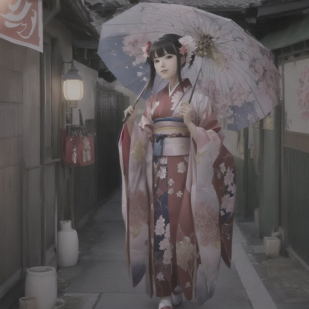 A kimono-clad anime character holding an umbrella in a hallway, artwork in the style of Gwaiz, Gwaiz, Anime Style 4 k, Anime Styled digital art, Gwaiz on artstation pixiv, Gwaiz on pixiv artstation, アニメアート壁紙 8K, Beautiful anime art, Anime Style. 8K, Created by Anime Painter Studio