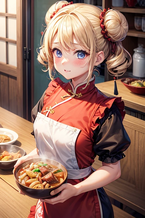 One girl,Blonde,Twin tails,Bun hairstyle,Curly Hair,short hair,Red Chinese clothing,apron,Blue Eyes,blush,Mouth wide open,fine,Girl with small,Small breasted girl,Small  Girls,,flat chest,Chinese restaurant