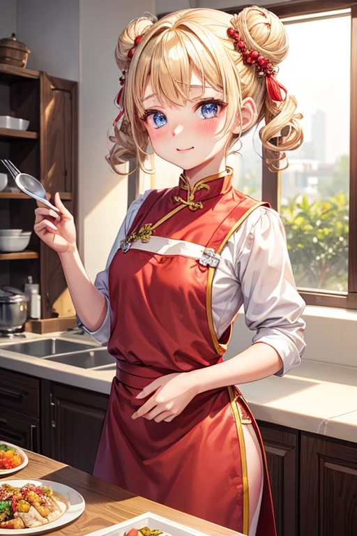 One girl,Blonde,Twin tails,Bun hairstyle,Curly Hair,short hair,Red Chinese clothing,apron,Blue Eyes,blush,Mouth wide open,fine,Girl with small,Small breasted girl,Small Girls,,flat chest,Chinese restaurant