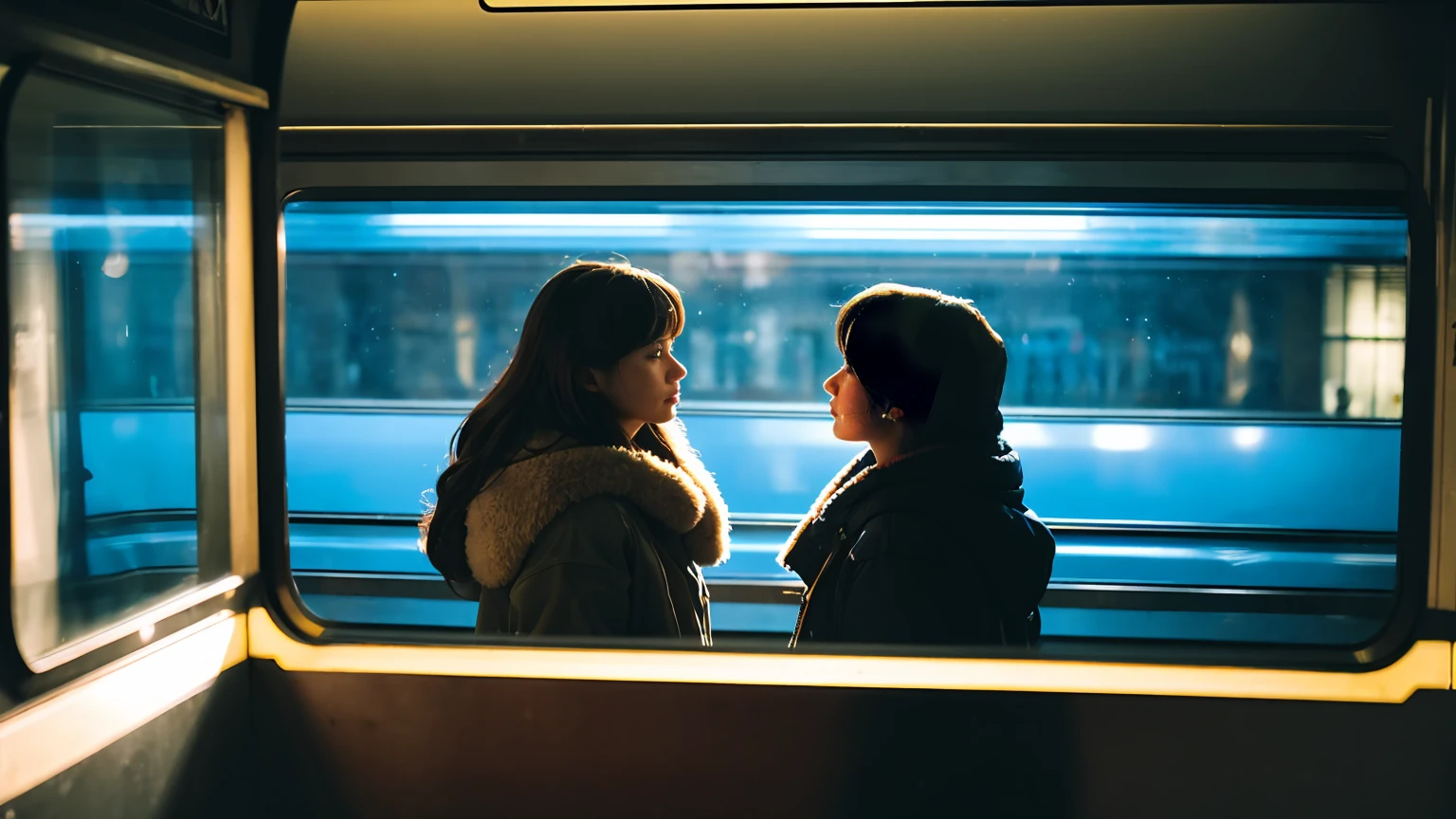 Two people standing side by side on a train, nostalgic melancholic artwork, Woman looking at the scenery outside the window in front of the subway door,A man looking at the woman,vivid colors, soft focus, Light leakage, dreamy winter atmosphere, experimental charm, Retro charm break color field painting, A variety of colors, abstract expressionism, bold hues, emotional impact, atmospheric depth, Minimalist approach BREAK, beautiful woman, UHD (ultra detail) Viewers watching him wearing hip-hop style padding.., another, fancy, long, hair dyed brown 🌈, bright padded clothing, White stardust in dark areas, absurd, high resolution, very detailed, (1 male 1 female : 1.3), vivid colors, soft focus, Light leakage, dreamy atmosphere, informationTwo people standing side by side on a train, nostalgic melancholic artwork, Woman looking at the scenery outside the window in front of the subway door,A man looking at the woman,vivid colors, soft focus, Light leakage, dreamy winter atmosphere, experimental charm, Retro charm break color field painting, A variety of colors, abstract expressionism, bold hues, emotional impact, atmospheric depth, Minimalist approach BREAK, Beautiful girl, UHD (ultra detail) Viewers watching him wearing hip-hop style padding.., another, fancy, long, hair dyed brown 🌈, bright padded clothing, White stardust in dark areas, absurd, high resolution, very detailed, (1 male 1 female : 1.3), vivid colors, soft focus, Light leakage, dreamy atmosphere, information