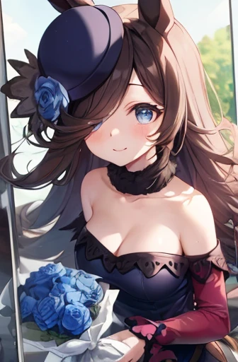 (Tabletop.Highest quality).(Dynamic Angle). (Incredibly detailed CG paintings),(Perfect Image)、Comic Strip.figure.One Girl.Detailed face、Perfect Face.Delicate face、Girl in delicate clothes、Textured skin、Black Hair.length、(Horse-eared girl)Horse-eared girl、((Beautiful Blue Eyes)).Delicate and beautiful eyes、The eyes are detailed、Reflected Eyes、Watery eye、smile.(Holding a bouquet of blue roses:1.3).(Blue petals fluttering down:0.8)、8k wallpaper、Cowboy Shot、reflected light、Highest detail、Complex、Delicate background、Textured skin、Detailed skin、(Ultra-high resolution)、Large breasts