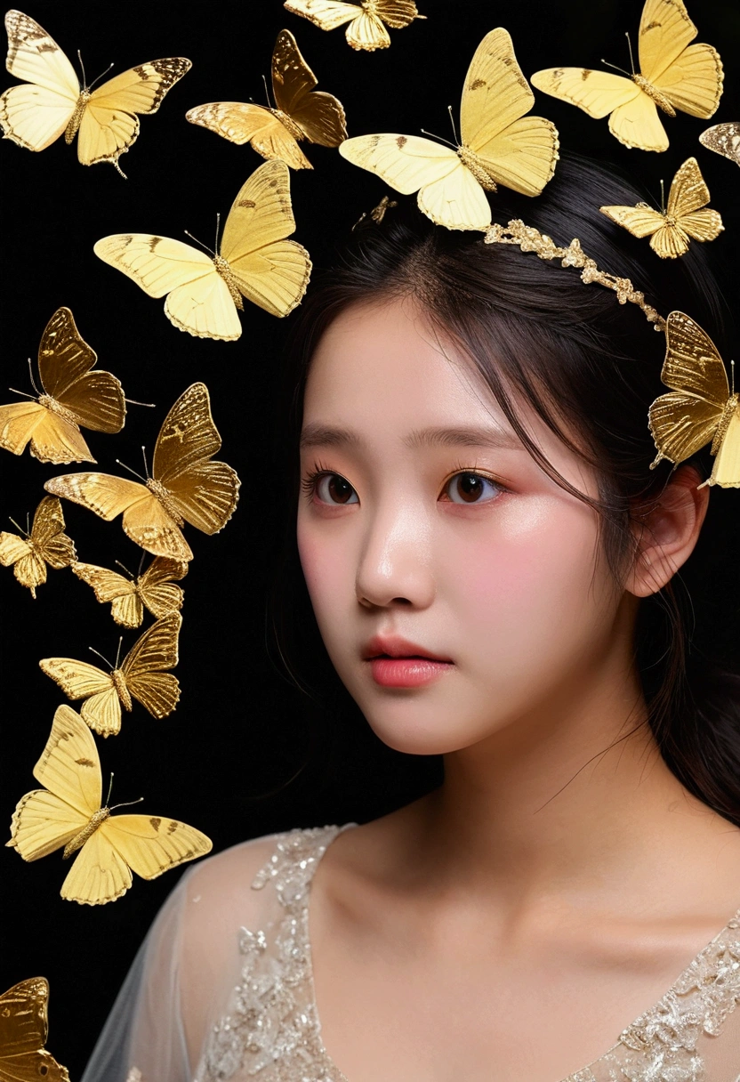 Beautiful butterflies、The butterfly turns into gold dust and crumbles、An 18-year-old girl staring blankly at the butterflies
