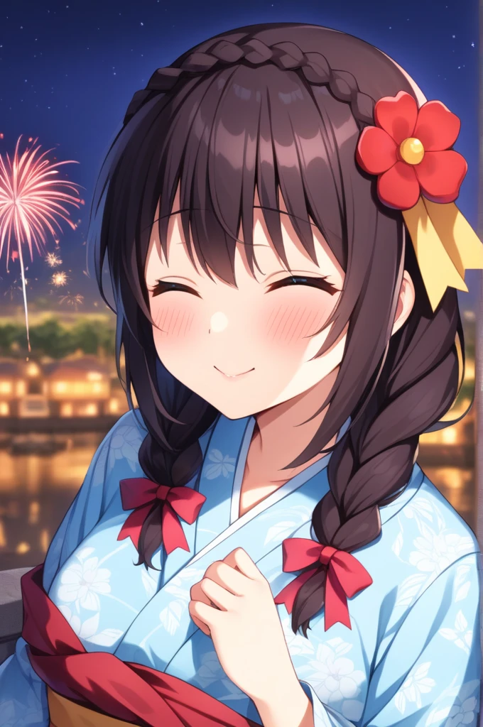 alone, One girl、Crown braids in the same color as your hair, hair ornaments, Hair Ribbon,(A light blue kimono with a red floral pattern and a red obi.)、Red Eyes、Black Hair、(blush:1.5)、(With eyes closed, kissing the viewer:1.4)、Larger breasts、The background is fireworks at night
