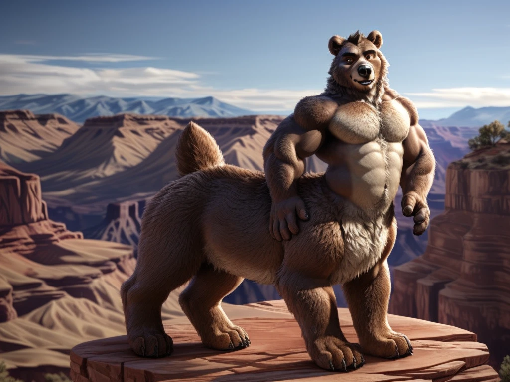 furry, fur taur, wolf beartaur, middle-age, solo, detailed face, bear ears, bear eyes(brown), wolf nose(black), wolf mouth, garibaldi beard(white), mature hair(white), detailed arms, thick arms, muscular, thick hands(5 fingers), detailed body belly, thick body, muscle belly(brown), thick chest, chest hair(black), detailed taur body, thick taur body, thick bear paws, thick wolf tail, full body shot, summer, standing on the Grand canyon