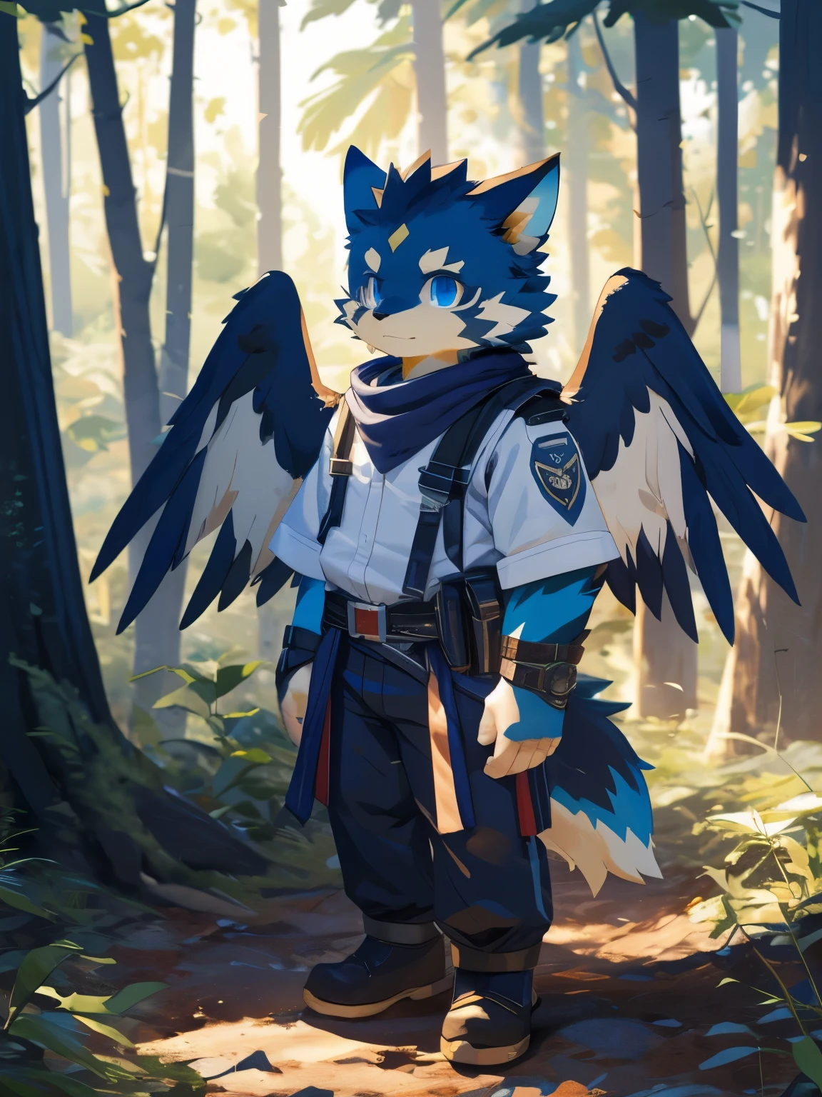 nj5furry,kemono,full-length portrait,anthro,hi res,juvenile,male,Explorer,Mao Long,Golden fur,Fluffy hair,Feather wings,White Wings,blue eyes,Delicate eyes,Detailed eyes,Extremely high detail,8K HD characters