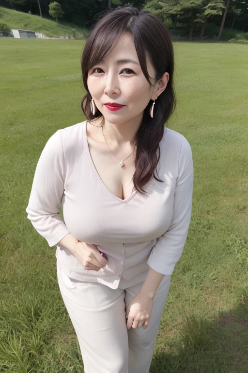 Beautiful mature Japanese woman aged 55, Long eyelashes, Super long hair, Red lipstick, Pink Cheeks, Pearl Necklace, Earrings, Dark eyeshadow, Large Breasts, grassland, Born in the Earth, 上半身がgrasslandから出ている