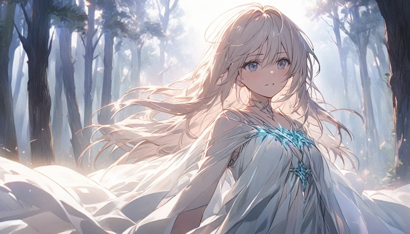 An anime girl standing alone in a dimly lit forest at dawn, with the first light of morning filtering through the trees. She has a determined expression on her face, symbolizing her resolve to break free from the deceit and lies. The forest is shrouded in mist, with shadows receding as the light breaks through, symbolizing the unveiling of truth. Around her, the remnants of a fantasy world are fading away, represented by ethereal, fading illusions. The background features tall trees and a narrow path leading forward, symbolizing her journey towards new beginnings. The atmosphere is filled with a sense of liberation and empowerment, with soft, natural lighting enhancing her resolve and the emotional transition from darkness to hope.