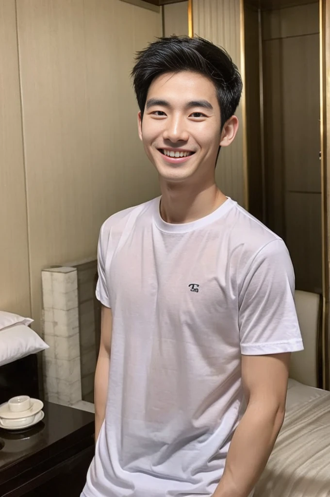 Korean man, Inspiration from Peng Yuyan, 23 years old, Korean muscular man ,Luxury hotel bedroom, white t-shirt in the background, open mouth smile