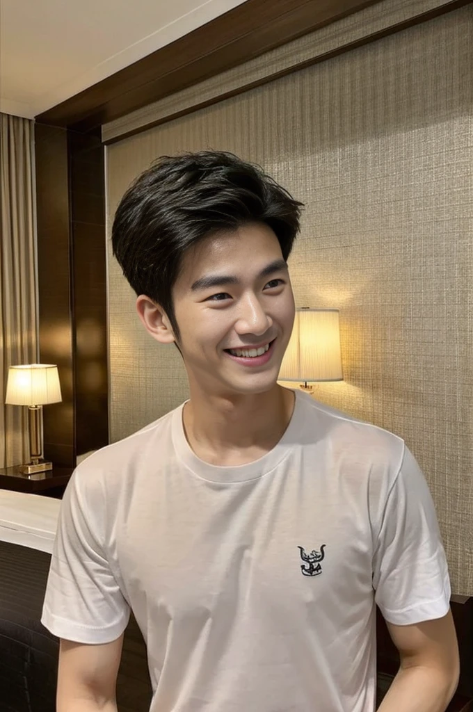 Korean man, Inspiration from Peng Yuyan, 23 years old, Korean muscular man ,Luxury hotel bedroom, white t-shirt in the background, open mouth smile