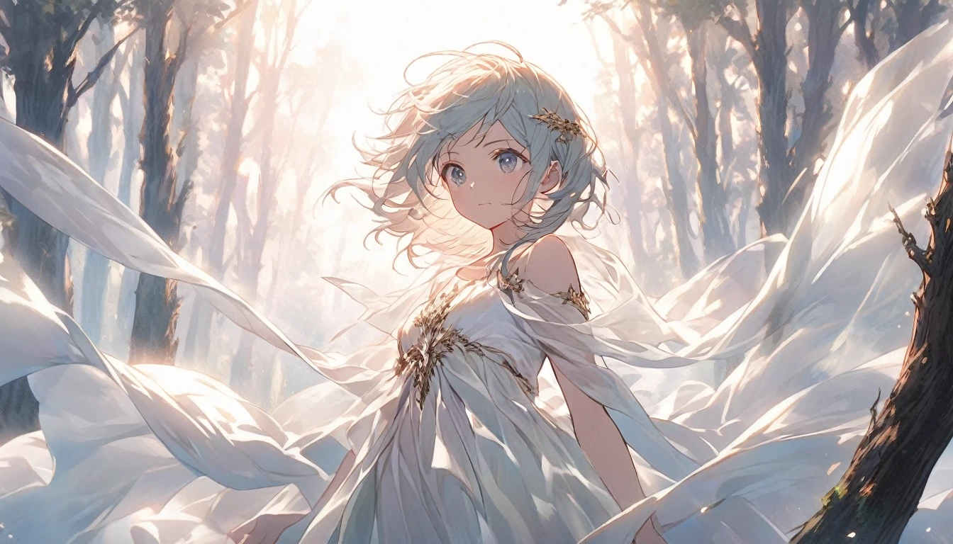 An anime girl standing alone in a dimly lit forest at dawn, with the first light of morning filtering through the trees. She has a determined expression on her face, symbolizing her resolve to break free from the deceit and lies. The forest is shrouded in mist, with shadows receding as the light breaks through, symbolizing the unveiling of truth. Around her, the remnants of a fantasy world are fading away, represented by ethereal, fading illusions. The background features tall trees and a narrow path leading forward, symbolizing her journey towards new beginnings. The atmosphere is filled with a sense of liberation and empowerment, with soft, natural lighting enhancing her resolve and the emotional transition from darkness to hope.