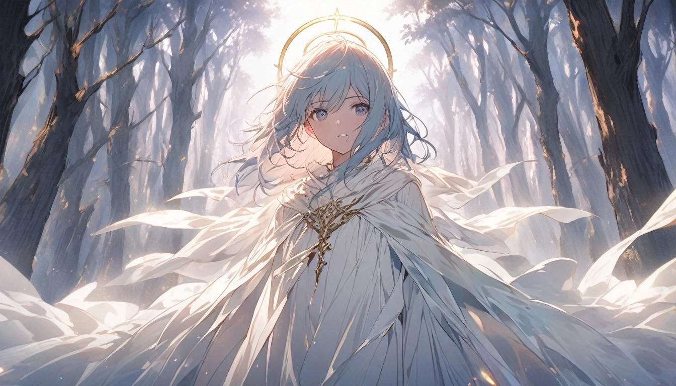 An anime girl standing alone in a dimly lit forest at dawn, with the first light of morning filtering through the trees. She has a determined expression on her face, symbolizing her resolve to break free from the deceit and lies. The forest is shrouded in mist, with shadows receding as the light breaks through, symbolizing the unveiling of truth. Around her, the remnants of a fantasy world are fading away, represented by ethereal, fading illusions. The background features tall trees and a narrow path leading forward, symbolizing her journey towards new beginnings. The atmosphere is filled with a sense of liberation and empowerment, with soft, natural lighting enhancing her resolve and the emotional transition from darkness to hope.