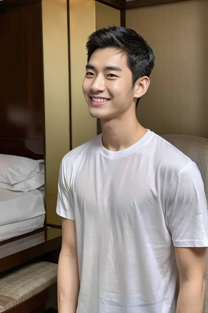 Korean man, Inspiration from Peng Yuyan, 23 years old, Korean muscular man ，Luxury hotel bedroom, white t-shirt in the background, open mouth smile