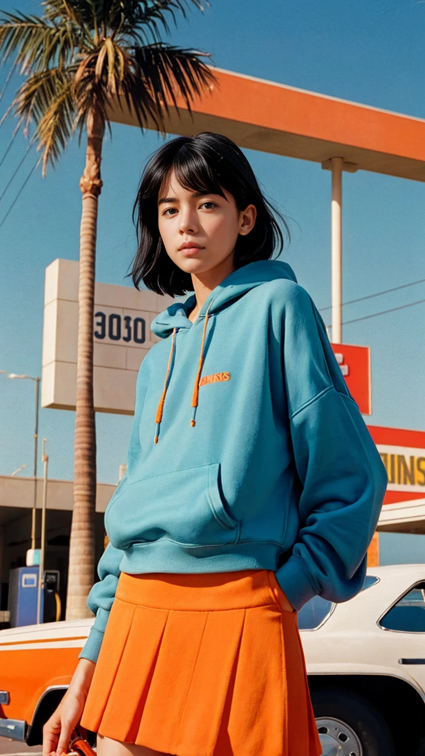  photo cinematic photograph long shot portraits by Wes Anderson, cute 23 yo girl ,fokus, bokeh ,wear ((orange color oversized_hoodie)), wear ((purple tennis skirt)),looking front,Best Quality,Masterpiece,Ultra High Resolution,(Realisticity:1.4),Original Photo, 1Girl, light leak,ultra high resolution,UHD,beautiful, (black bob hair), almond eye, no makeup, in front of ((80's los angles gas station)), (realistic:1.2), (surreal:1.3), (very detailed:1.1), ((masterpiece)),summer, blue sky, palm trees,sunny, los angles vibes,film camera, 800mm lens,style of Philip Lorca diCorcia
