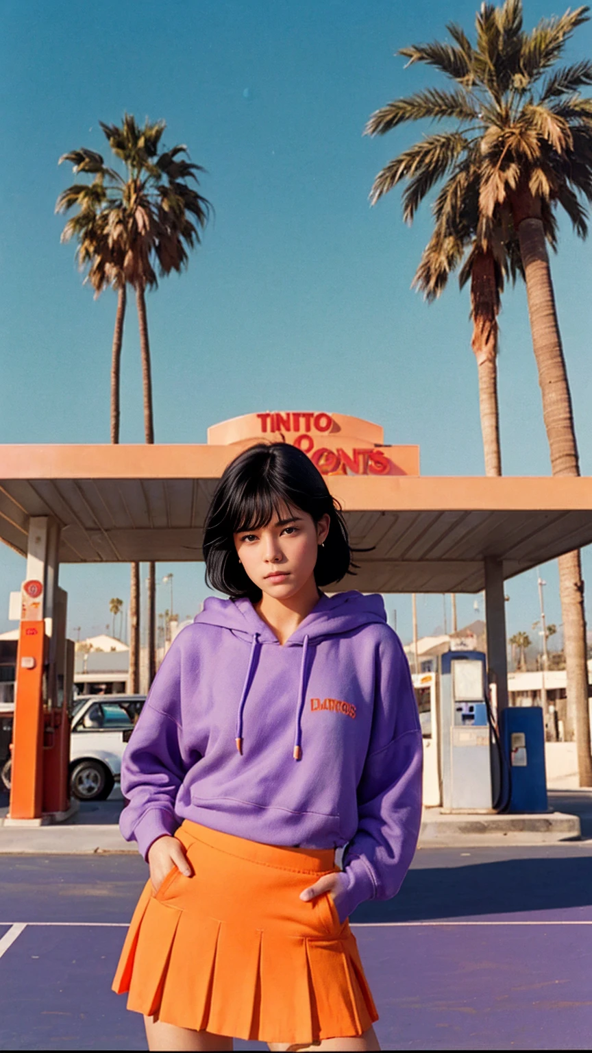  photo cinematic photograph long shot portraits by Wes Anderson, cute 23 yo girl ,fokus, bokeh ,wear ((orange color oversized_hoodie)), wear ((purple tennis skirt)),looking front,Best Quality,Masterpiece,Ultra High Resolution,(Realisticity:1.4),Original Photo, 1Girl, light leak,ultra high resolution,UHD,beautiful, (black bob hair), almond eye, no makeup, in front of ((80's los angles gas station)), (realistic:1.2), (surreal:1.3), (very detailed:1.1), ((masterpiece)),summer, blue sky, palm trees,sunny, los angles vibes,film camera, 800mm lens,style of Philip Lorca diCorcia