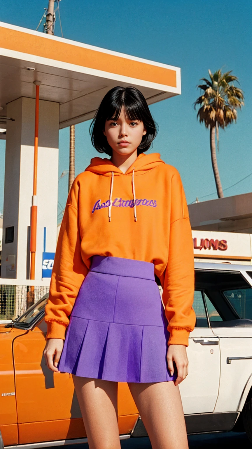 photo cinematic photograph long shot portraits by Wes Anderson, cute 23 yo girl ,fokus, bokeh ,wear ((orange color oversized_hoodie)), wear ((purple tennis skirt)),looking front,Best Quality,Masterpiece,Ultra High Resolution,(Realisticity:1.4),Original Photo, 1Girl, light leak,ultra high resolution,UHD,beautiful, (black bob hair), almond eye, no makeup, in front of ((80's los angles gas station)), (realistic:1.2), (surreal:1.3), (very detailed:1.1), ((masterpiece)),summer, blue sky, palm trees,sunny, los angles vibes,film camera, 800mm lens,style of Philip Lorca diCorcia