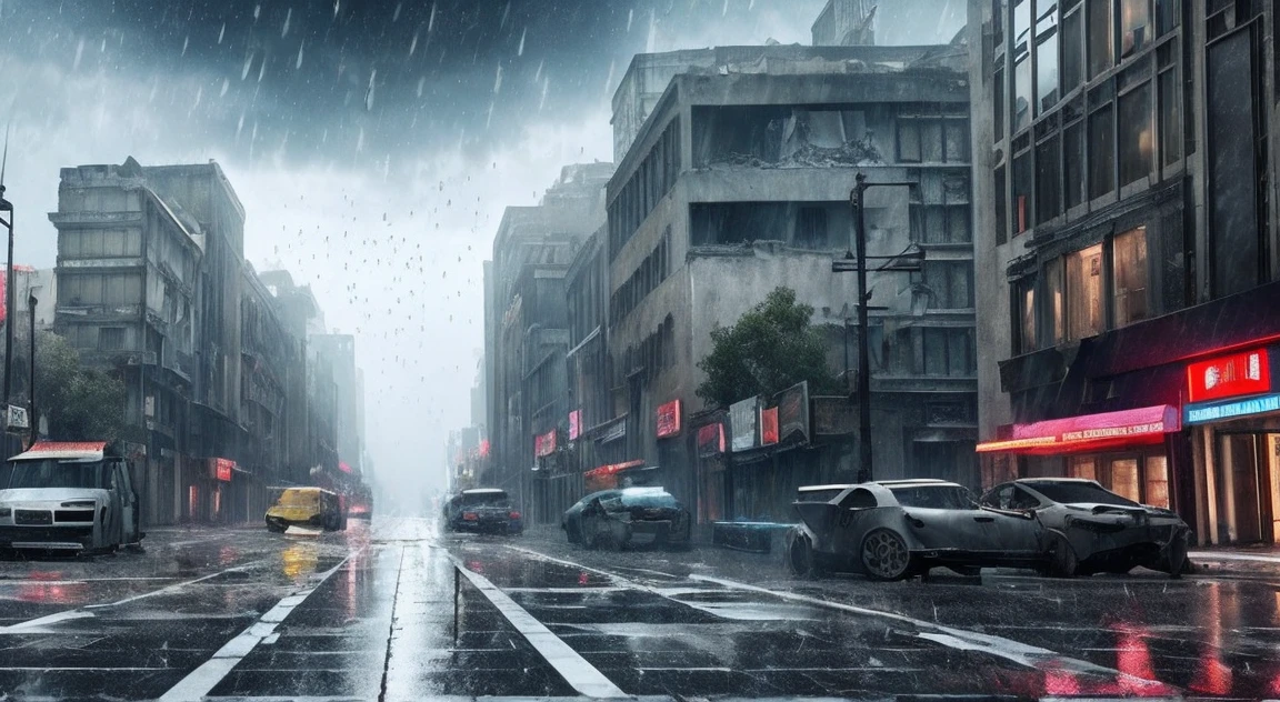 An empty, destroyed city, raining.Ultra-high quality、Ultra-realistic、8K、masterpiece